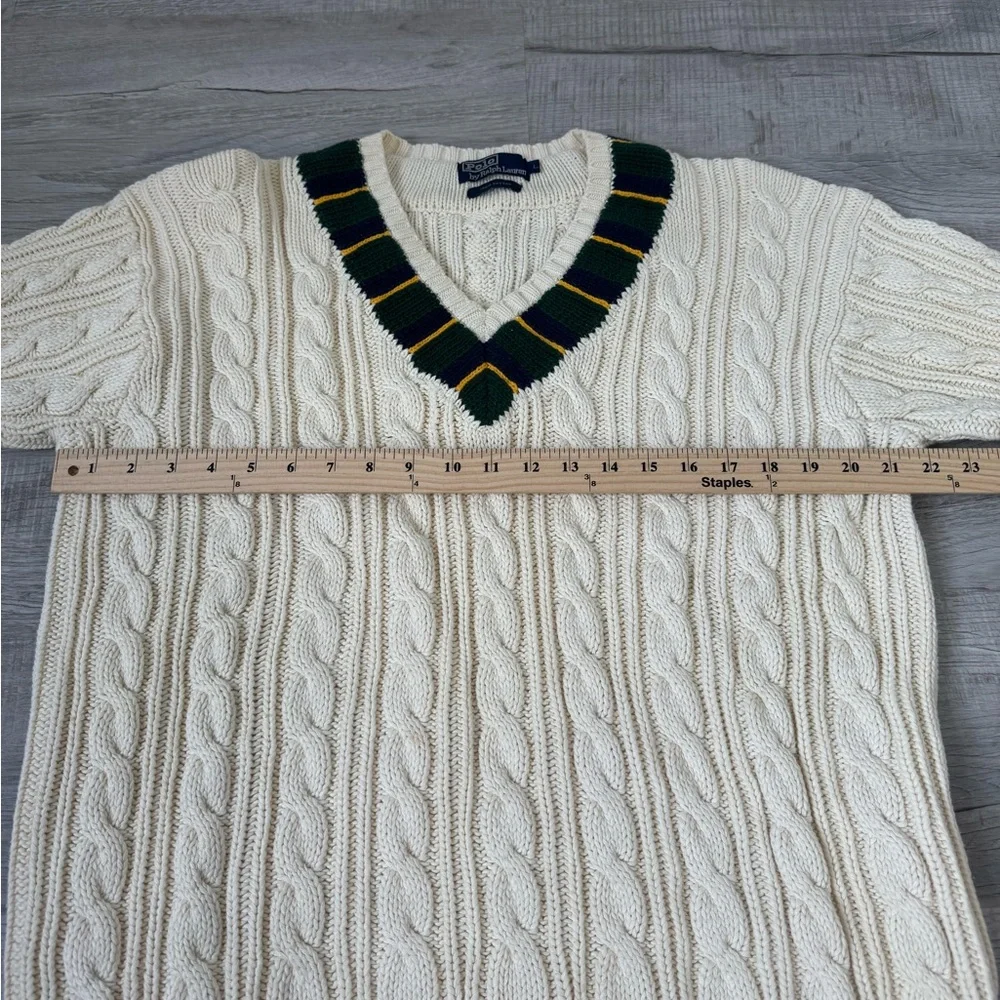 Polo Ralph Lauren‎ Cable Knit Cricket Sweater Cream Green Yellow Trim Varsity L